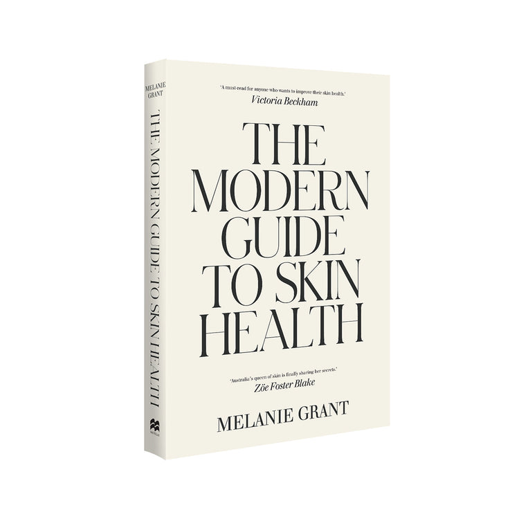 A book cover titled 'The Modern Guide To Skin Health' by Melanie Grant.
