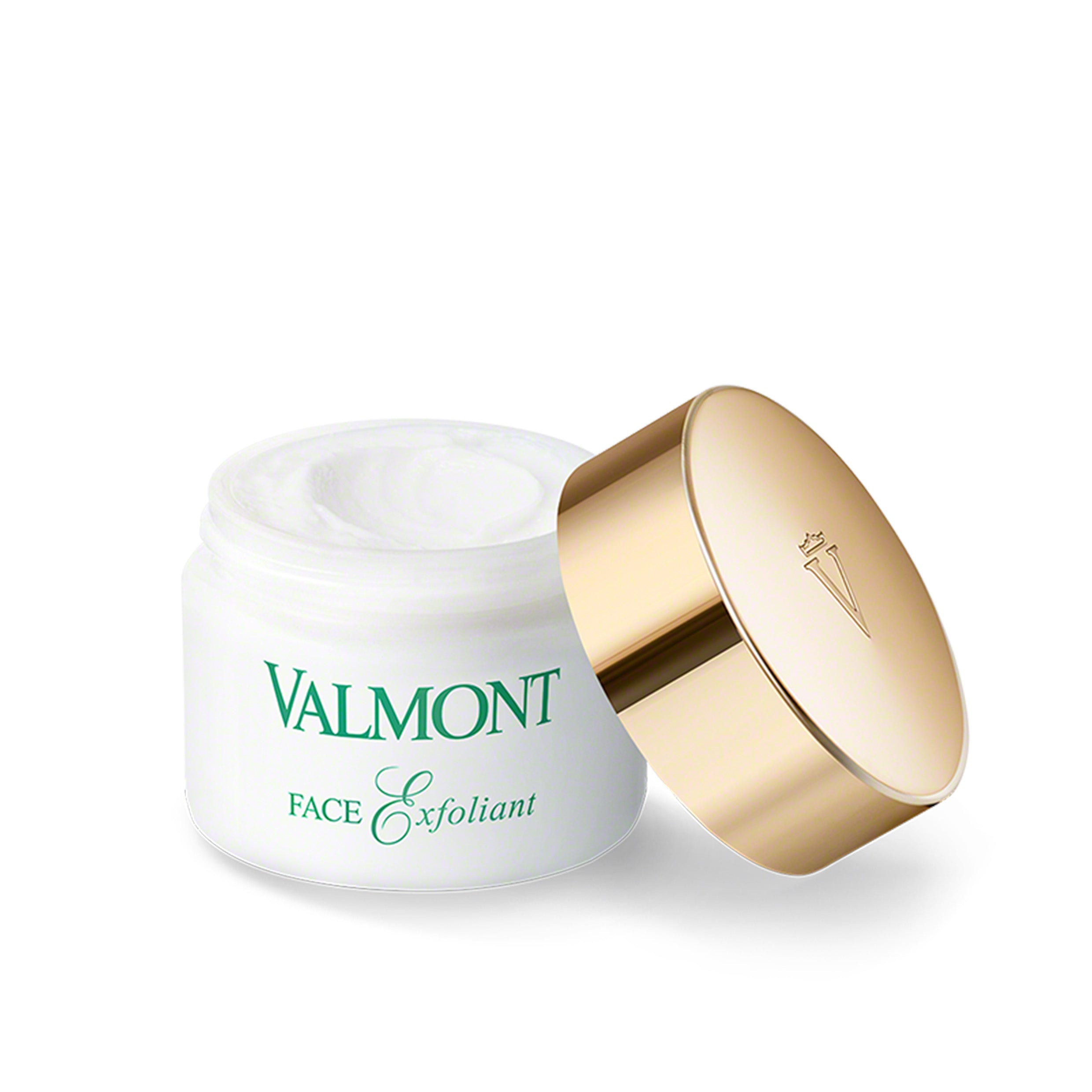 Valmont Face Exfoliant jar with gold lid on a white background