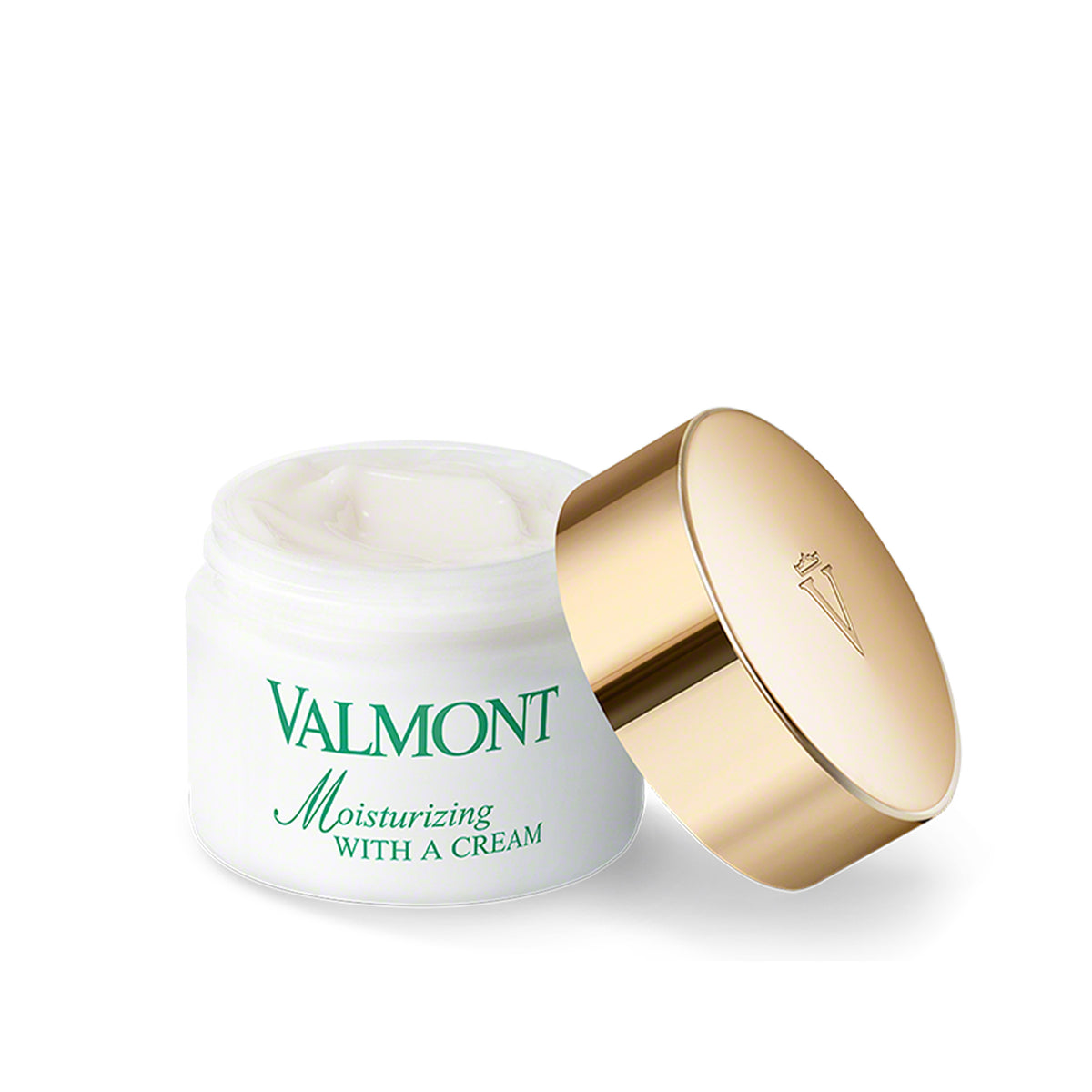 Valmont moisturizing cream jar with gold lid on white background