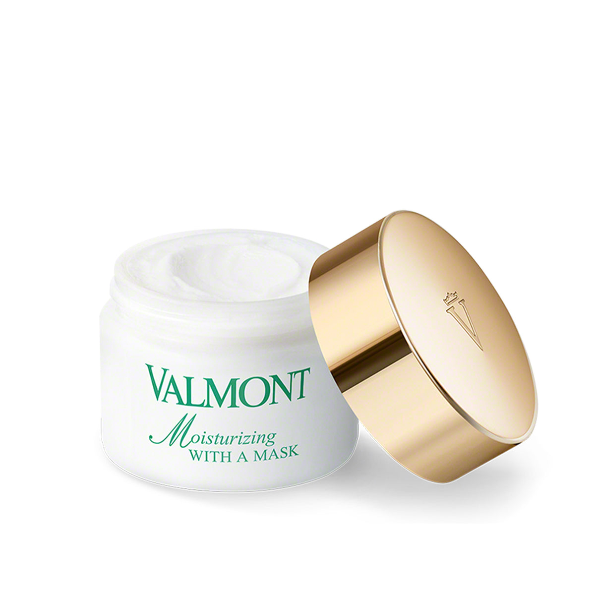 Valmont moisturizing cream jar with gold lid on a white background