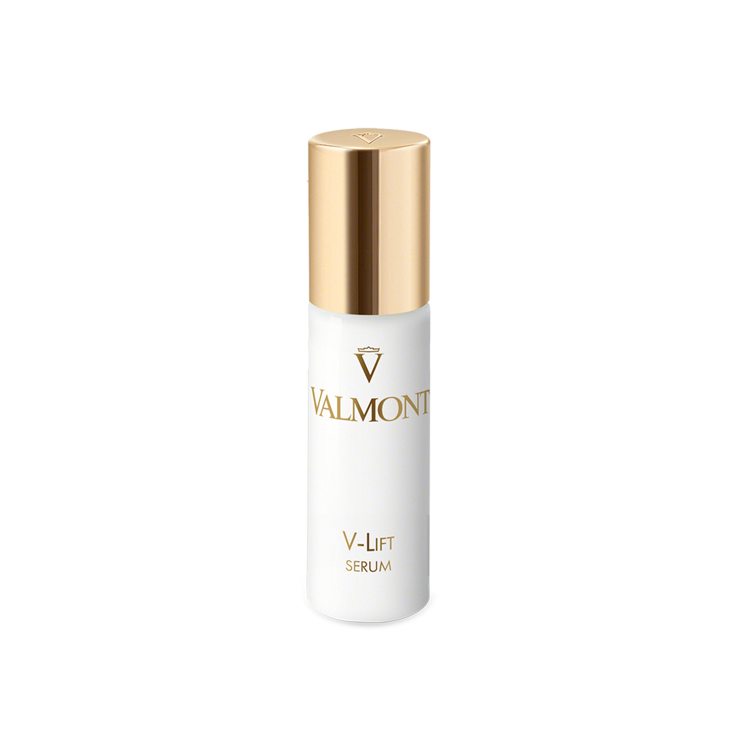 Valmont V-Lift Serum bottle with gold cap on a white background