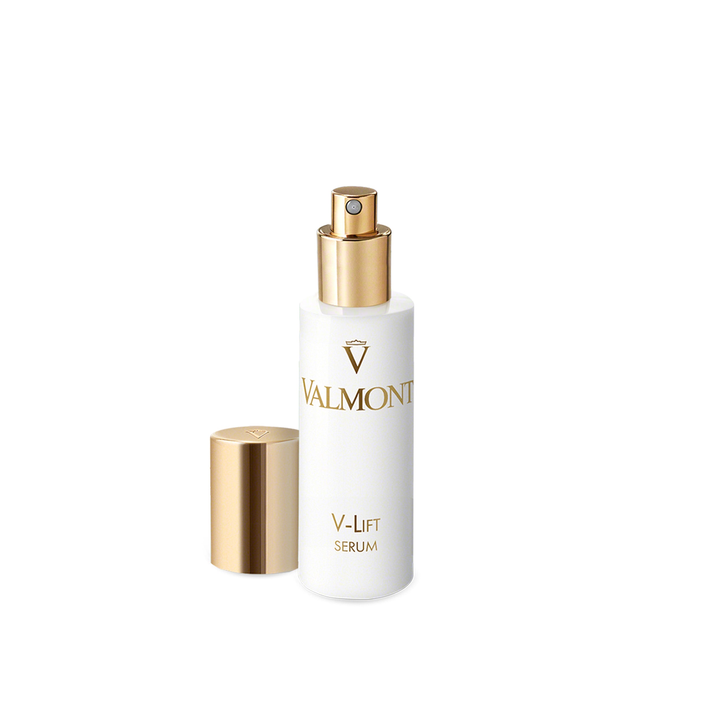 Valmont V-Lift Serum bottle with gold cap on a white background