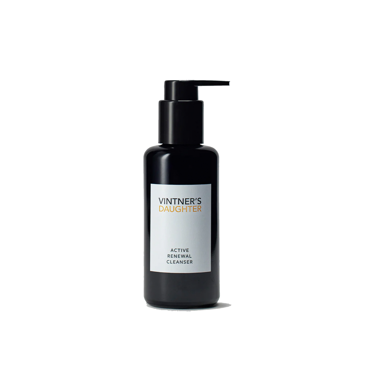 A black pump bottle of Vintner's Daughter Active Renewal Cleanser with white and silver text labeling.